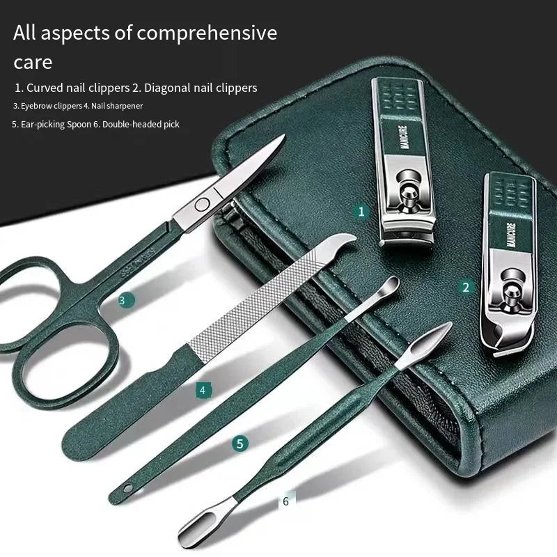 Scissors Set Ear Pick Nail Clipper Tool Household Nail Clippers Stainless Steel Pedicure Knife Green 6 Piece Set Precision