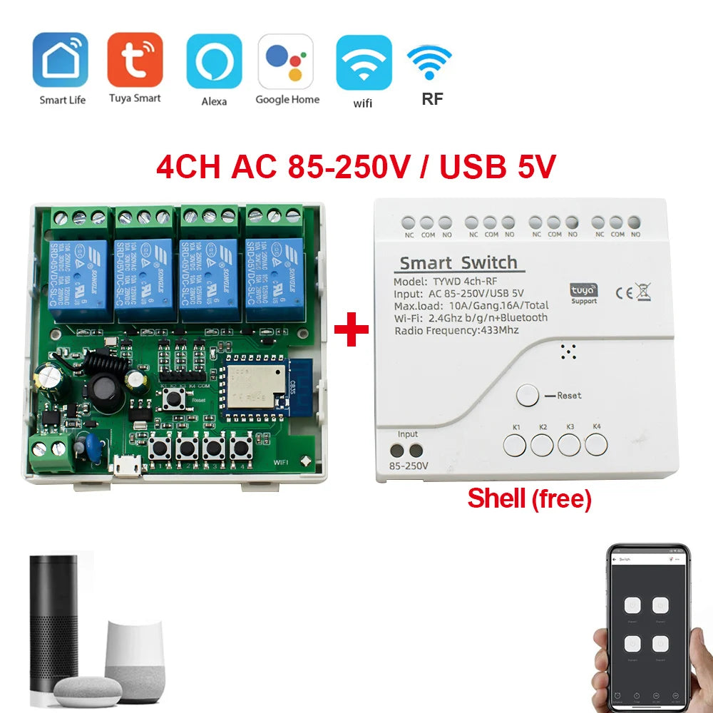 Tuya Smart 4 Channel WiFi RF Momentary Inching Relay Self-Lock Switch Module,DIY WiFi Garage Door Controller, Alexa Google Home