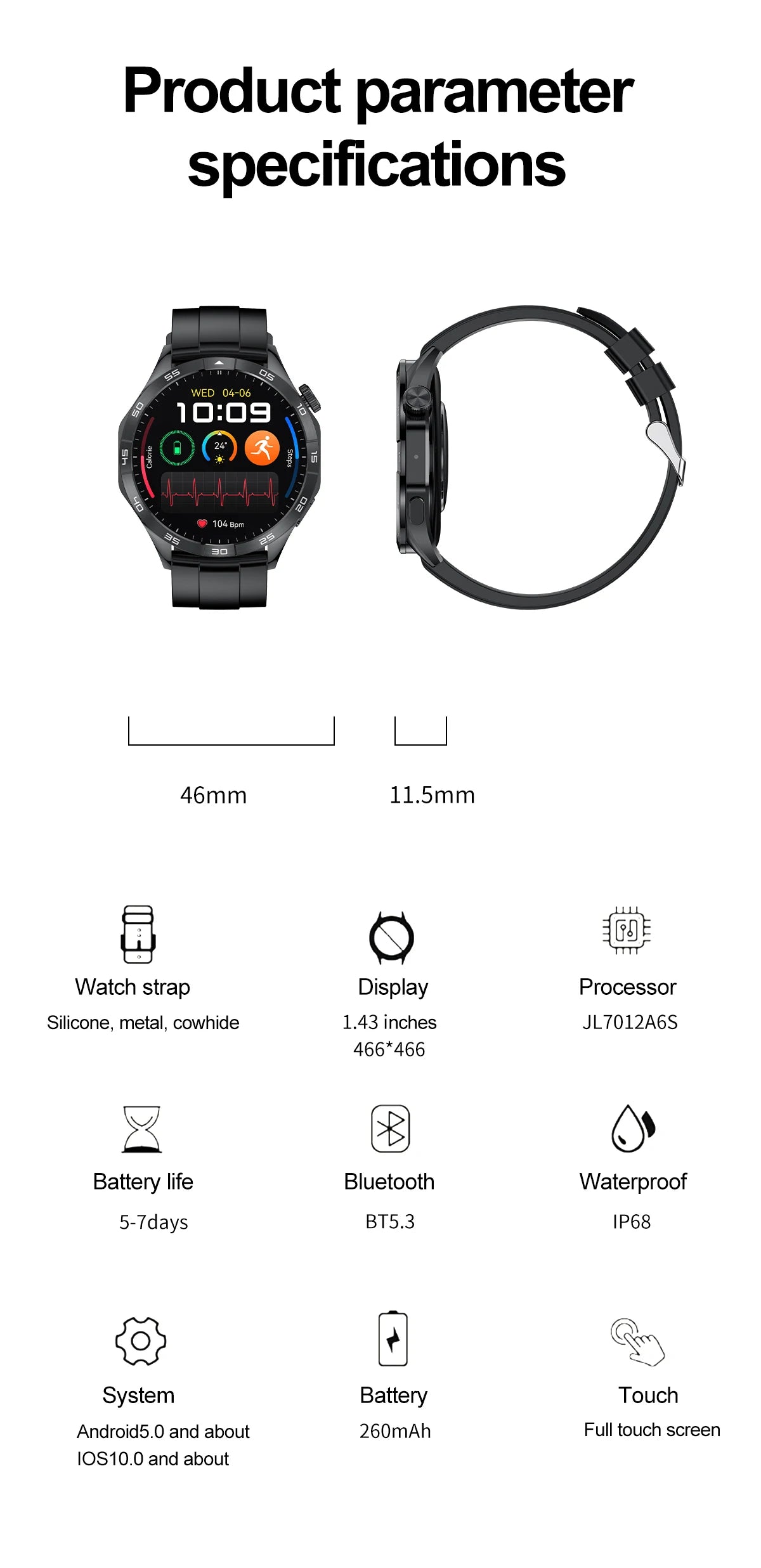 For Huawei GT4 Business Smart Watch HK4 Men Bluetooth Call IP68 Waterproof 1.43 Inch HD AMOLED Screen GPS  Round Smartwatch Men