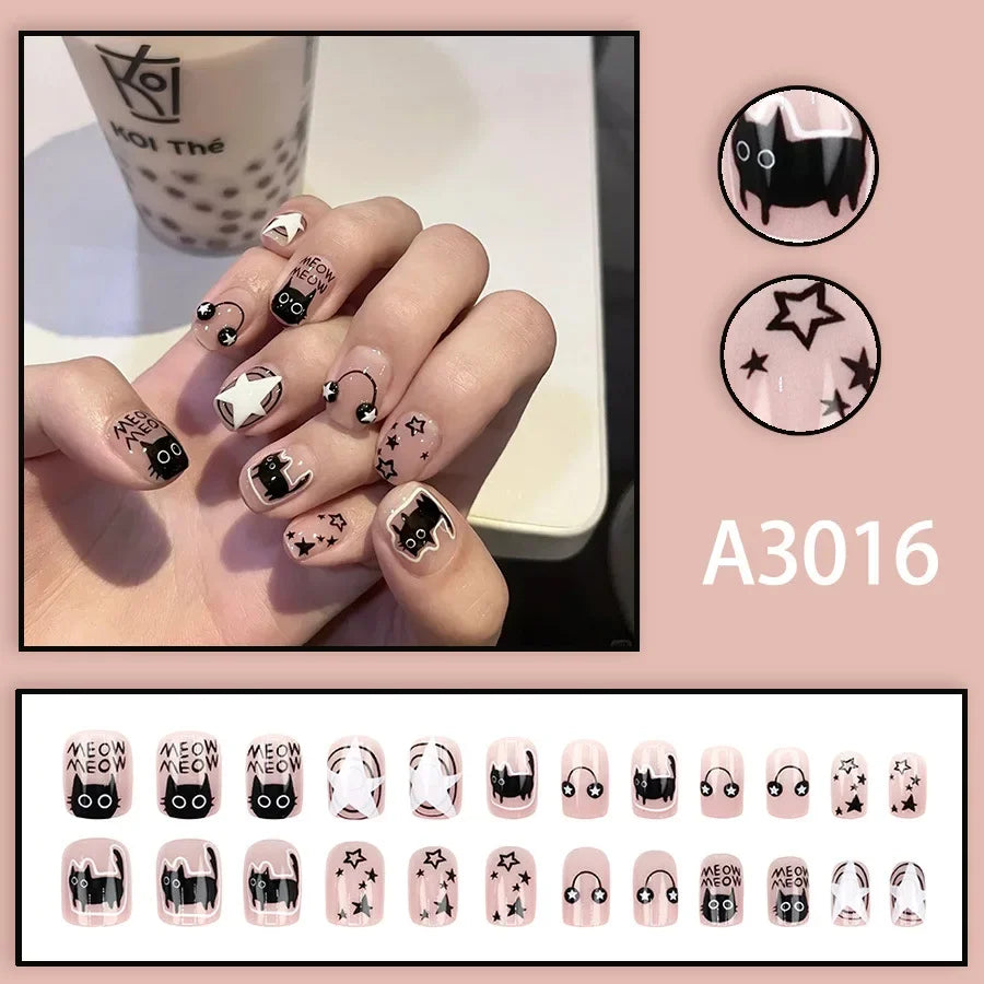 Watercolor Rose Fake Nail with Jelly sticker Press on False Nails Wearable Round Head Oval Full Cover Nail Tips