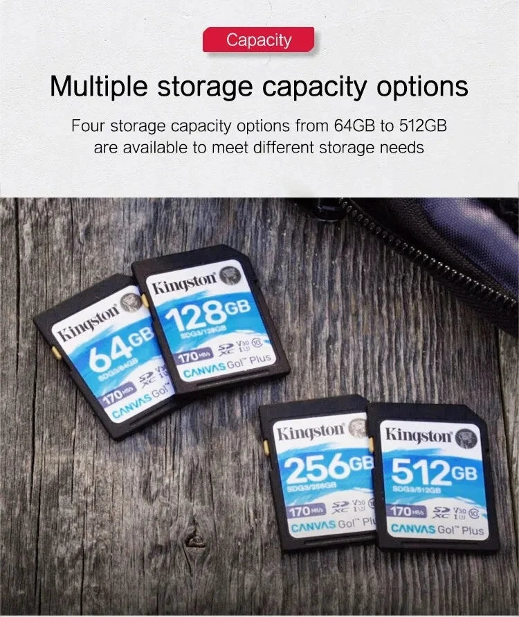 Kingston High Speed 4K SD Card 64GB 128GB 256GB 512GB Memory Card Up to 170MB/s Read V30 U3 Flash Card C10 for Camera