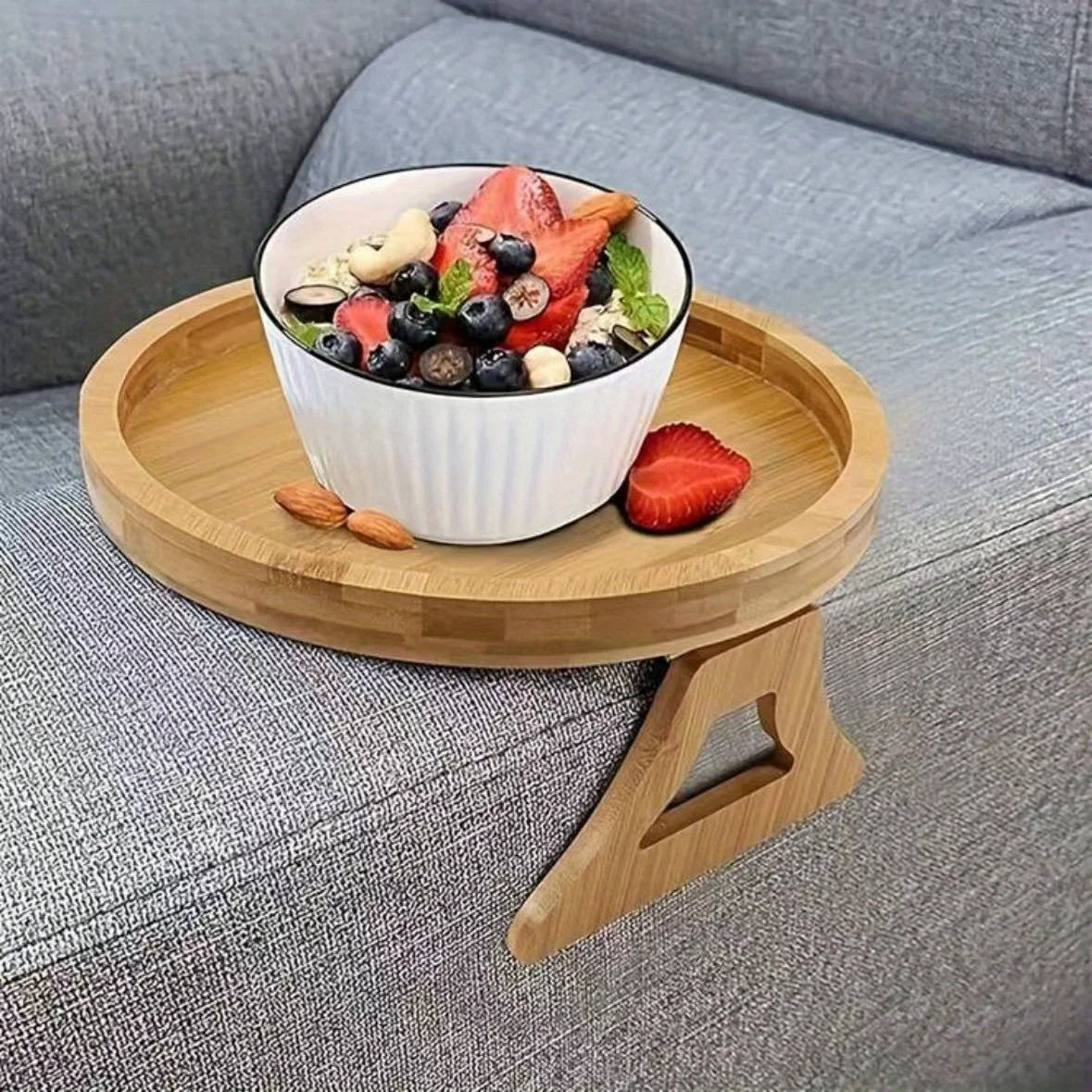 Foldable Sofa Armrest Tray - Wooden Clip-On Couch Table for Drinks, Phone, Laptop, Breakfast in Bed, Living Room Organizer