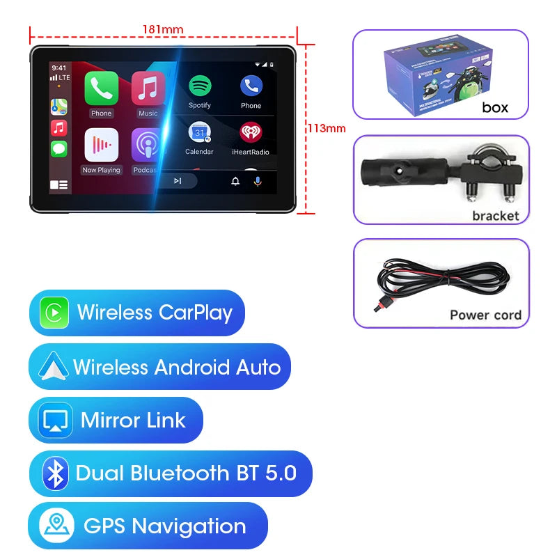 Srnubi 7 inch Portable Motorcycle DVR LCD Display GPS IPX7 Waterproof For Wireless Apple CarPlay Android Auto Airplay Monitor