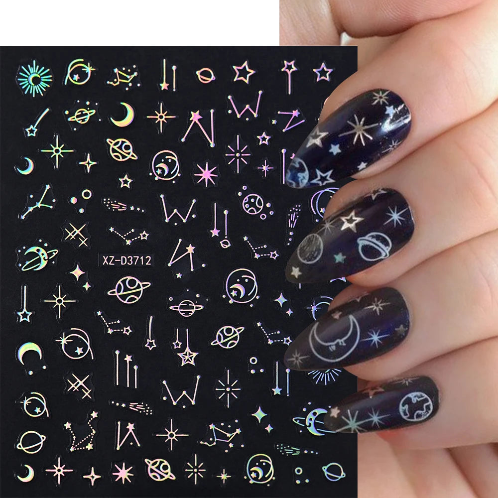 12Pcs Gold/Silver Tasse/Line/Star/Moon 3D Nail Art Stickers Leaf/Geometric Design Self-adhesive Sliders Luxury Manicure Decals