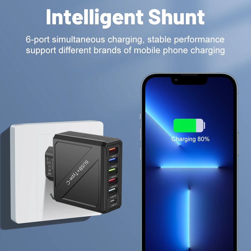 5 Ports USB Charger 3.1A Fast Charging PD Adapter For iPhone 15 14 Xiaomi Samsung Mobile Phone Plug Charging QC 3.0 Wall Charger