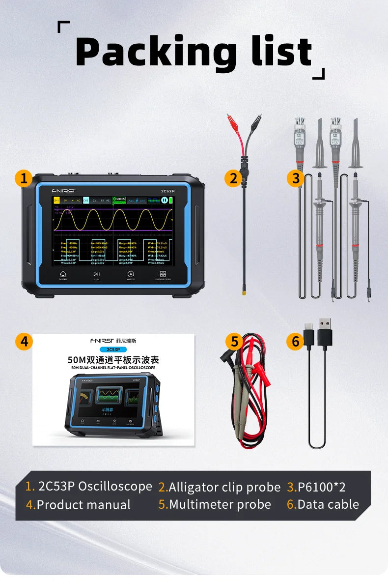 FNIRSI 2C53P Touch Screen Portable Digital Oscilloscope Multimeter Signal Generator 3in1 2 Channel 50MHz 250Ms/S 19999 Counts