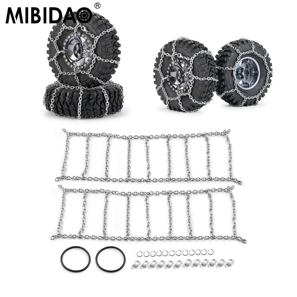 MIBIDAO 2/4pcs Metal Wheel Tires Snow Chain Anti Skid Safety Snow Chain for 1/10 RC Rock Crawler TRX4 TRX6 Axial SCX10 90046 D90