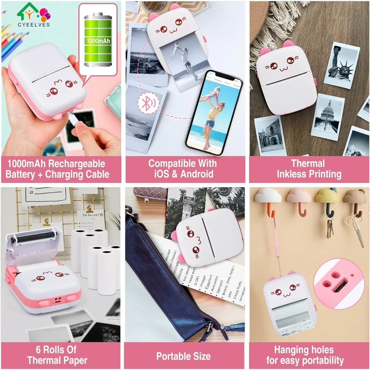 Portable Mini Printer Pocket Mini Thermal Printer with 6 Roll Printing Paper Compatible with iOS Android Inkless Photo Printer