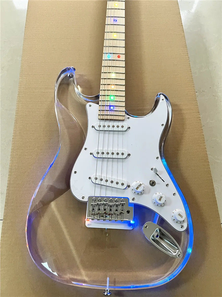 High quality classic acrylic clear Plexiglas crystal 6-string electric guitar with colored lights maple neck Free shipping