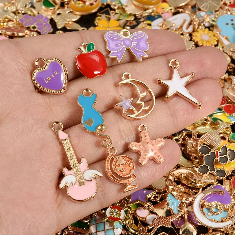 30/60/100pcs Random Mix Different Animal Moon Fruits Heart Drip Oil Pendant Jewelry Making Supplies Metal Alloy Handmade Earring