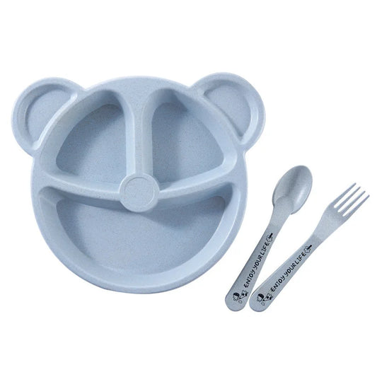 3pcs Wheat Straw Children's Compartment Dinner Plate Kindergarten Student Bear Tableware Set Children's Tableware Lunch Box