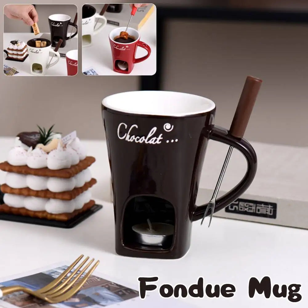 Chocolate Melting Cup Ceramic Fondue Cups with Fork Coffee Mug Chocolate Cooking Pots for Dessert Cheese Butter Melter Cup Gifts