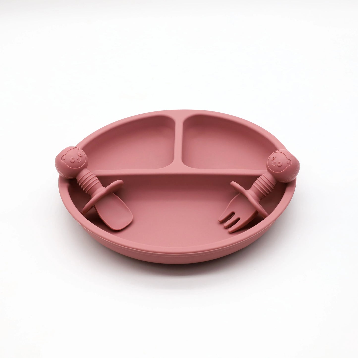 3pcs baby silicone tableware set, complementary food feeding plate, strong suction, cartoon short spoon fork, easy to grip