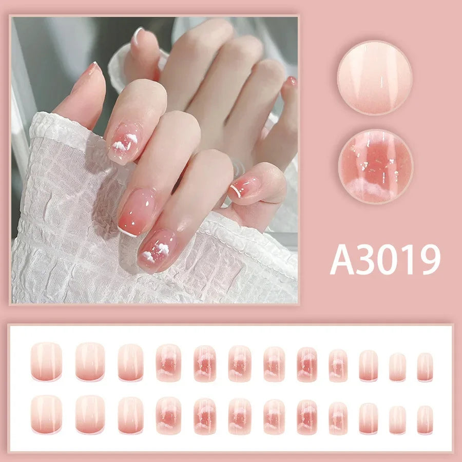 Watercolor Rose Fake Nail with Jelly sticker Press on False Nails Wearable Round Head Oval Full Cover Nail Tips