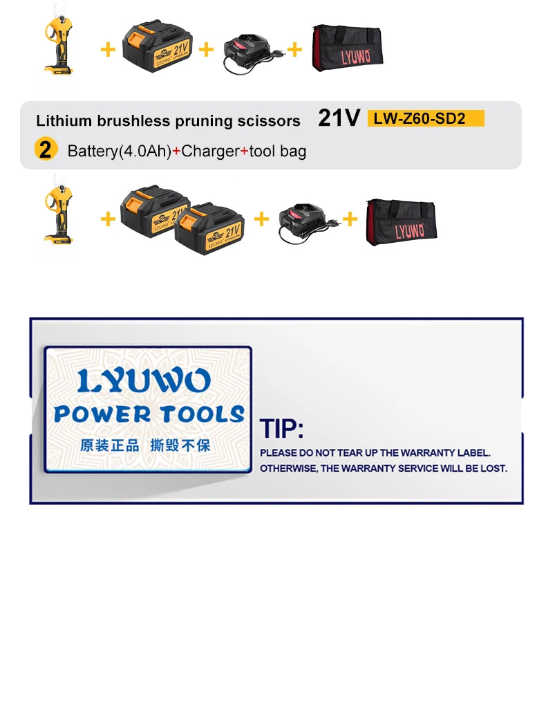 LYUWO Rechargeable Wireless Pruning Scissors, Fruit Tree Potted Pruning Electric Tool, 20V brushless, 30mm