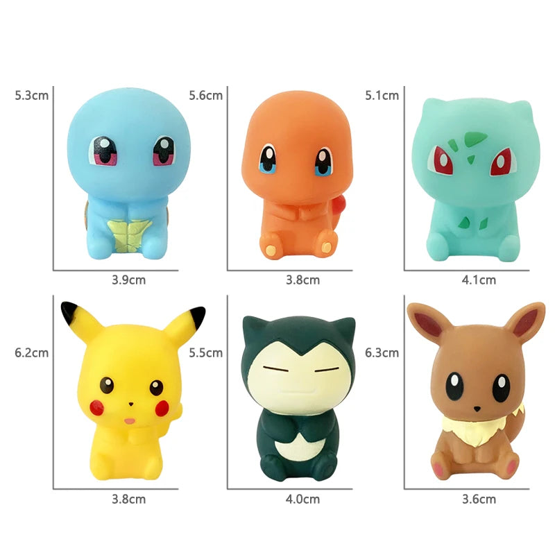 Pokemon Pikachu 6pcs Water Toys 5-6 CM Squeak & Float Bath Toy Anime Eevee Snorlax Charmander Squirtle Bulbasaur For Boys Girls