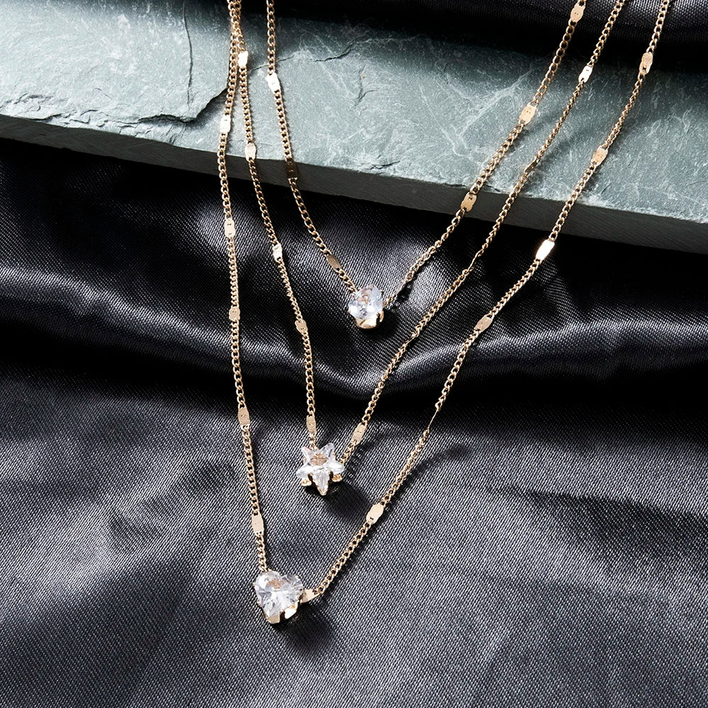 1Pc Multi-layered Dainty Light Luxury Water Drop Love Heart Star Set Chain Pendant Metal Collarbone Necklace Gift For Girl Women