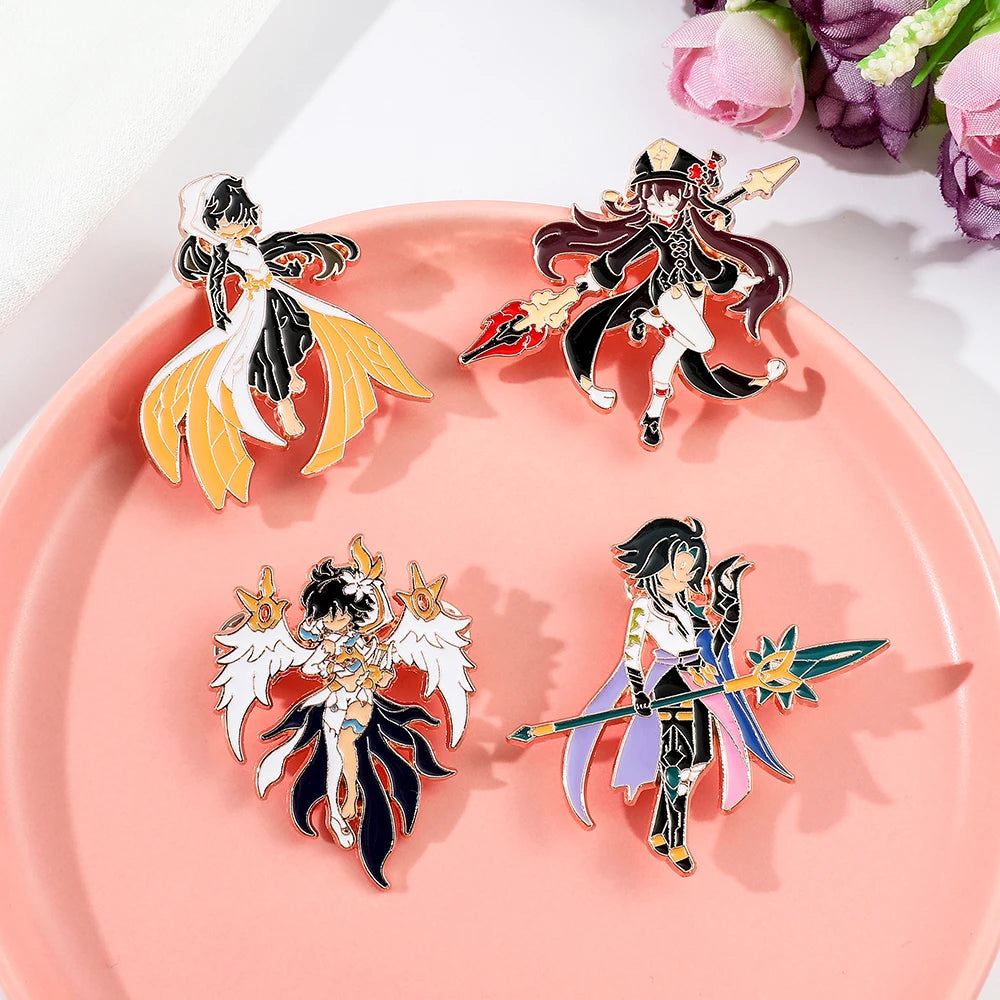 4 Pcs Genshin Impact Series Brooch Creative Walnut Mandrilla Enamel Pin Metal Paint Badge Backpack Clothing Accessories Wallet
