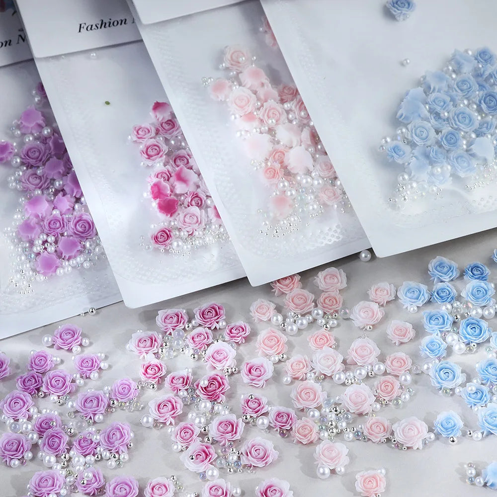 30 pcs gradient carved rose nail ornaments with steel bead pearl nail accessories
