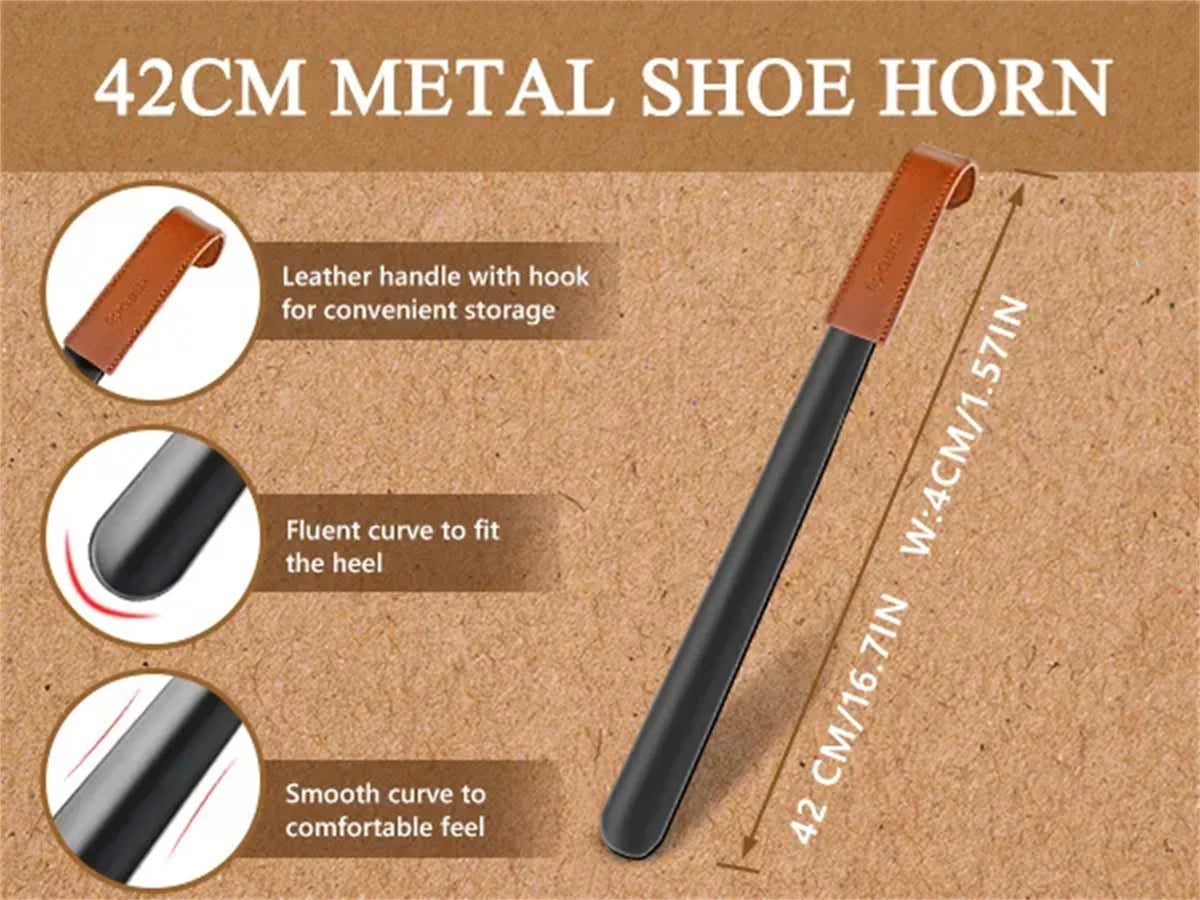 Metal Shoe Horn Lifter Long Handled Shoe Horn with Leather Strap Stainless Steel Shoehorn Spoon Shape Long Shoe Horn for Boots