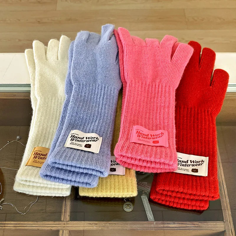 Cycling Five Finger Knitted Yarn Gloves Full Finger Long Wrist Gloves Thick Elastic Winter Connected Finger Glove Autumn Winter