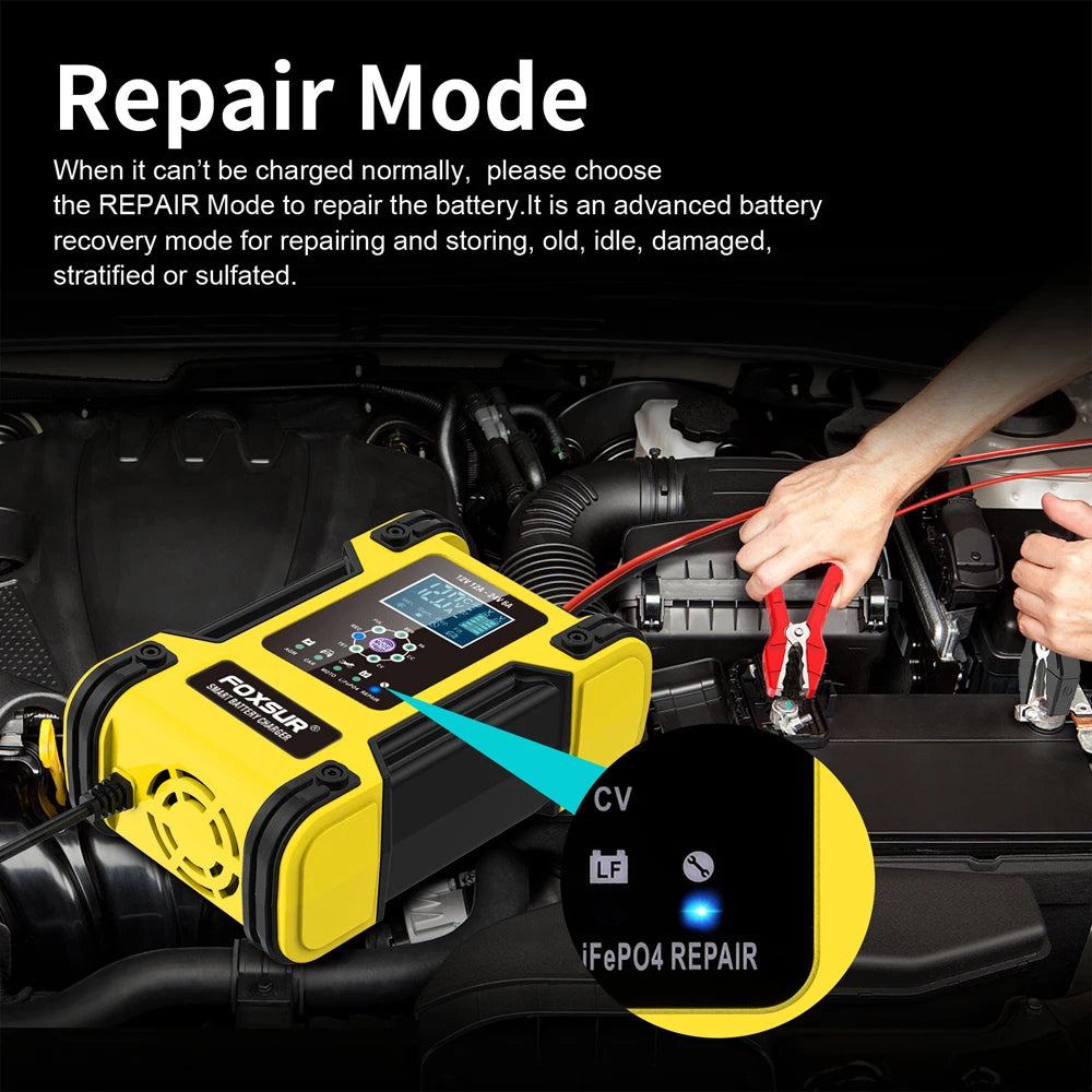 Foxsur Full Automatic Car Battery Charger 12V 12A Digital Display Battery Charger Power Pulse Repair Chargers Wet Dry Lead Acid