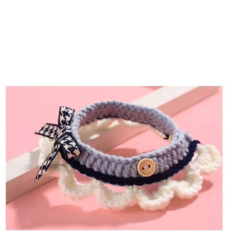 Cute Bow-knot Hand-knitted Saliva Towel  Kitten Cat Puppy  Adjustable Collar Pet Decorative Dog Cat Collar Pet dog Accessories