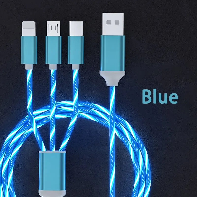 3 in 1 3A Fast Charging Glowing LED Light Micro USB Type C Cable For iPhone Samsung Xiaomi Redmi Phone Charger USB Cable