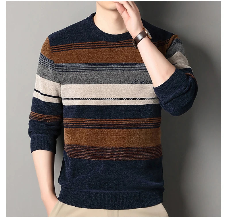 Mens Thickened Sweater Stripe Velvet Pullover Men's Winter Clothes Elegant Luxury Brand Fashion Knitted Sweaters