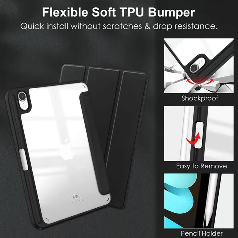 Flip Tablet Cover For iPad Mini 6 8.3'' 2021/Mini 7 2024 (A17 Pro) A2995 Acylic Back Case With Pencil Holder Auto Wake up /Sleep