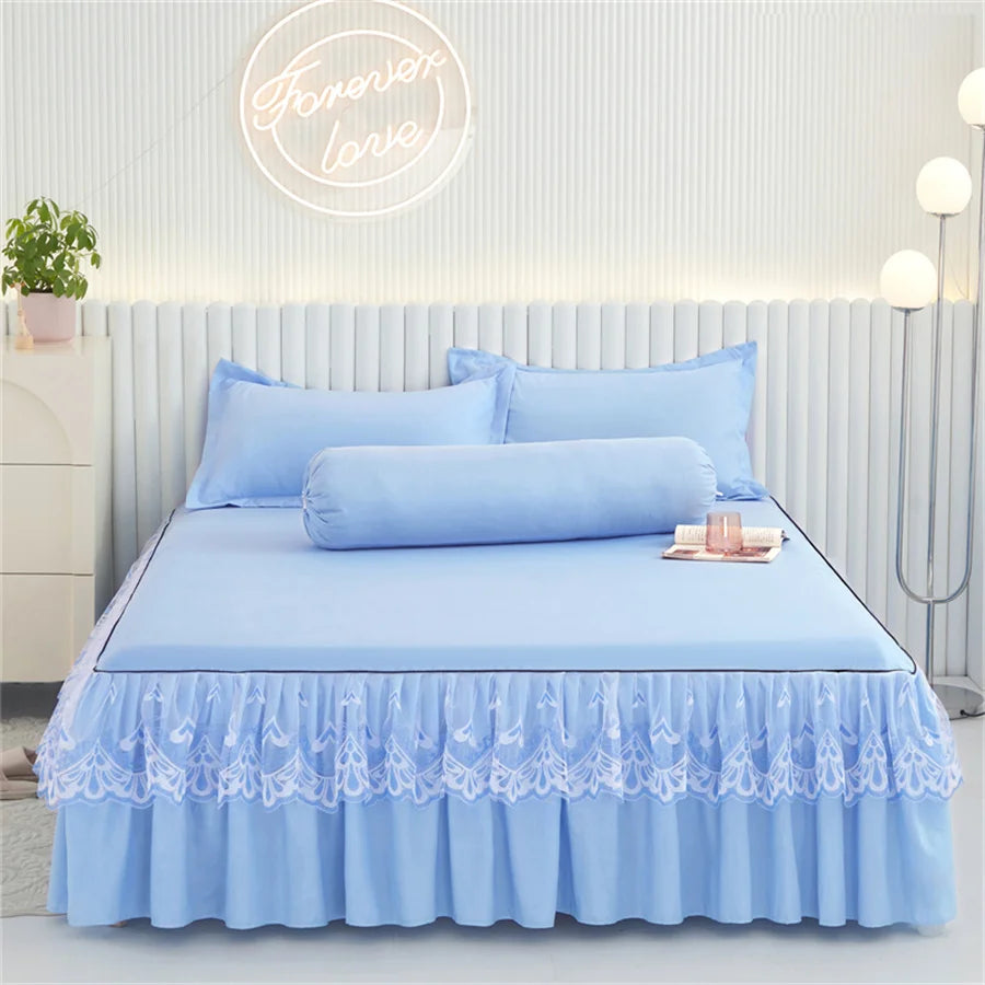 3pcs Bedskirt Set (Bedsheet * 1 Pillowcase * 2, Without Core), 100% Polyester Fiber Solid Color Double-layer Lace