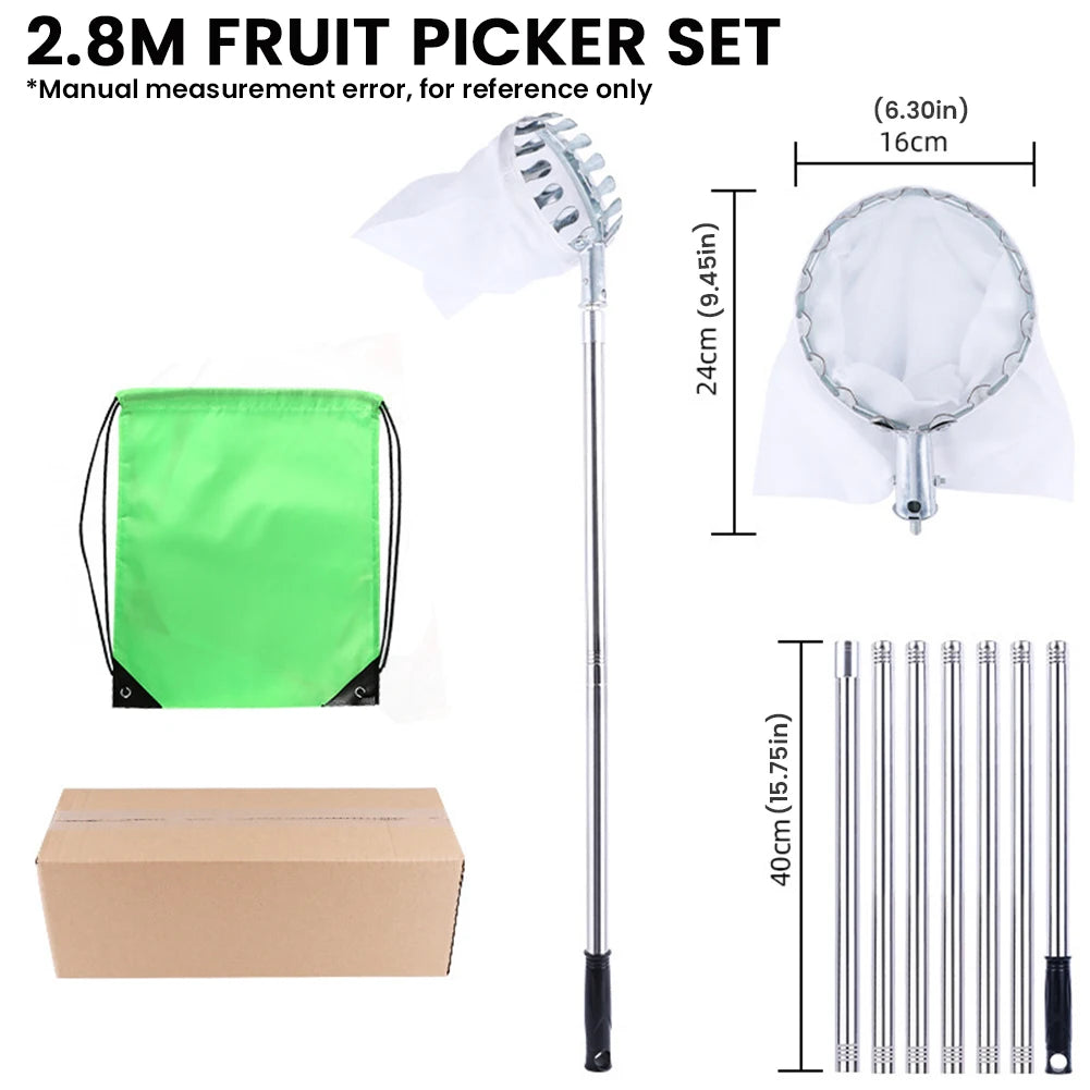 Fruit Picker Pole Tool with Basket Telescoping Long Handle 1.6 to 4M Fruit Catcher For Apple Orange Avocado Acorn Lemon Pear