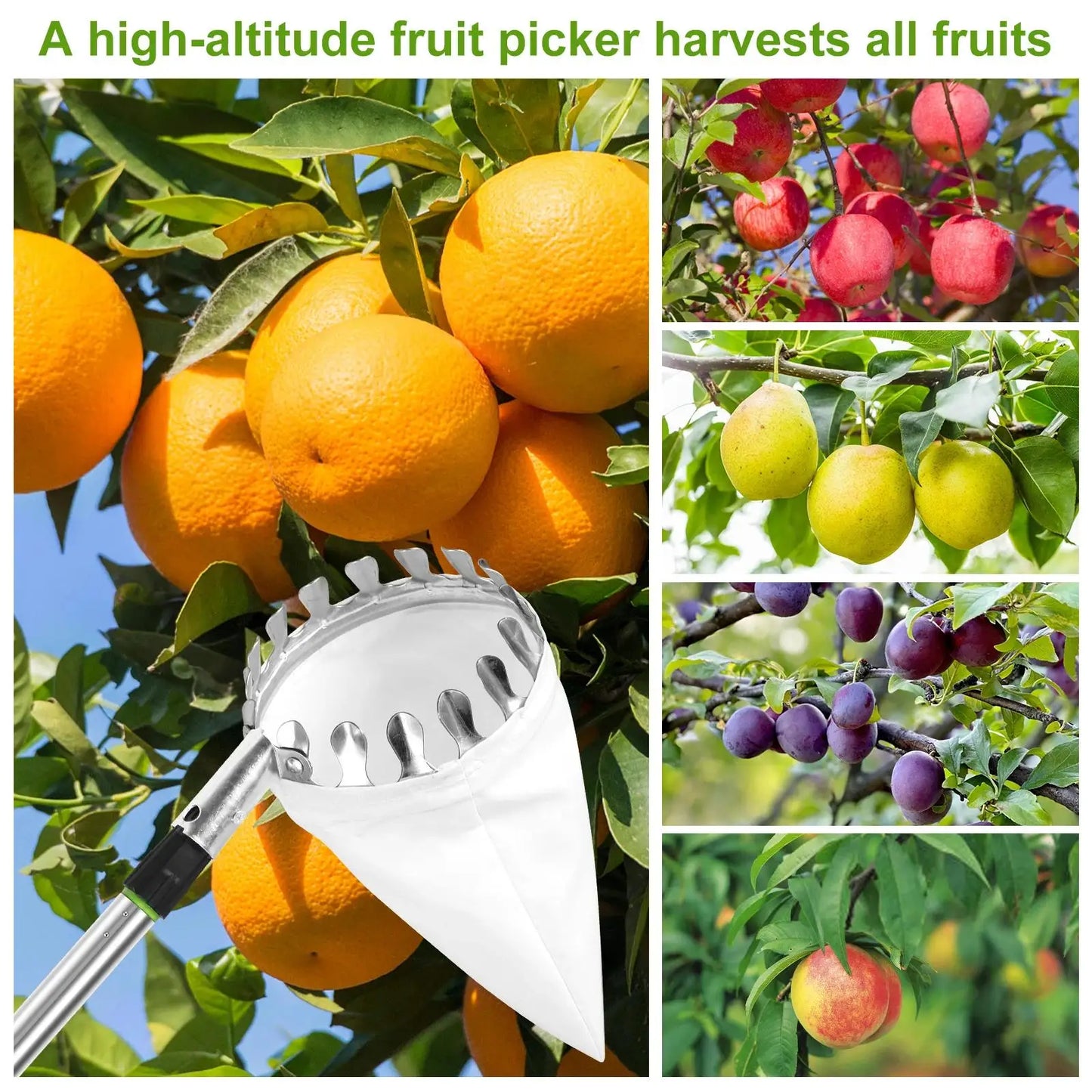 Fruit Picker Machine Stainless Steel Splicing Rod Fruit Picking Tools Pick Apple Pear Lemon and Avocado for Farm Orchard Tools