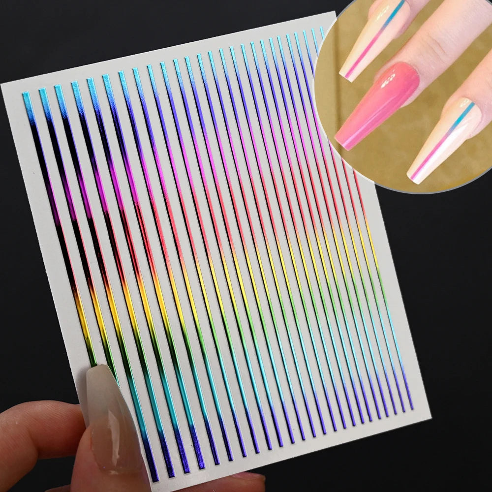 1Sheet Laser Gold/Silver Line 3D Nail Art Stickers Colorful/Black/White Stripe Self-Adhesive Slider DIY Lines Manicure Decals *&