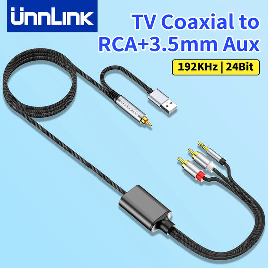 Unnlink 192KHz Coaxial to 2RCA + 3.5mm Aux Audio Converter TV SPDIF Coaxial to Amplifier Soundbar