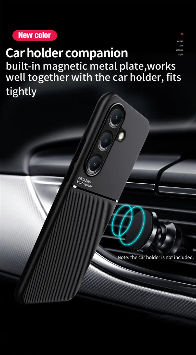 Car Magnetic Holder Leather Plate Phone Case for Samsung Galaxy S25 S22 S23 S24 Ultra Plus Edge S21 S20 FE 5G Soft Back Cover