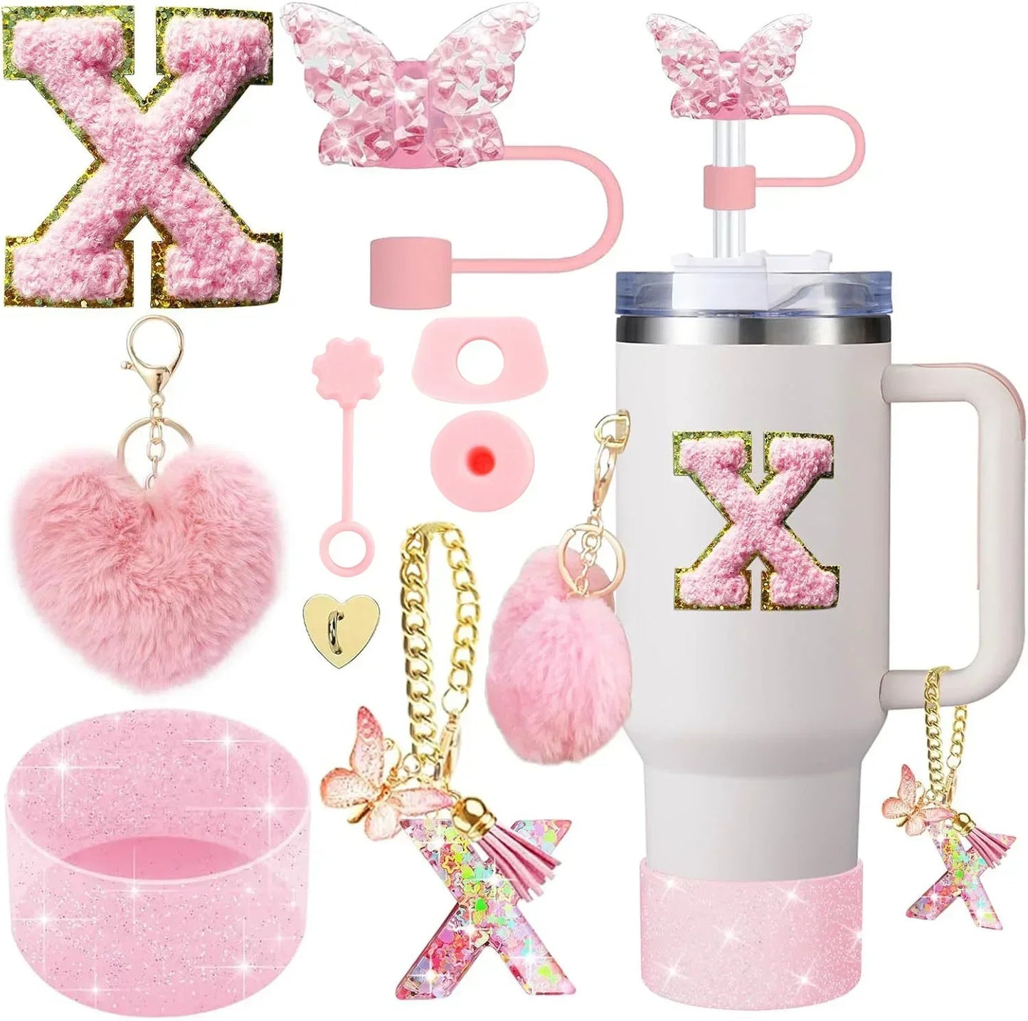 9PCS Accessory Set for Stanley Cup 30oz 40oz Butterfly Straw Cover Cap Silicone Boot Charm Initials Sticker Spill Proof Stopper