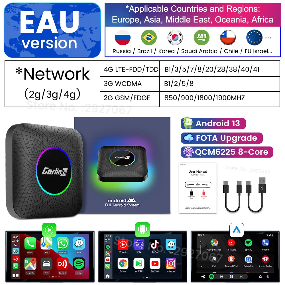CarlinKit CarPlay Ai Box Android 13 SM6225 8 cores 8G+128G for Netflix Smart TV Box Wireless CarPlay Android Auto 512GB via TF