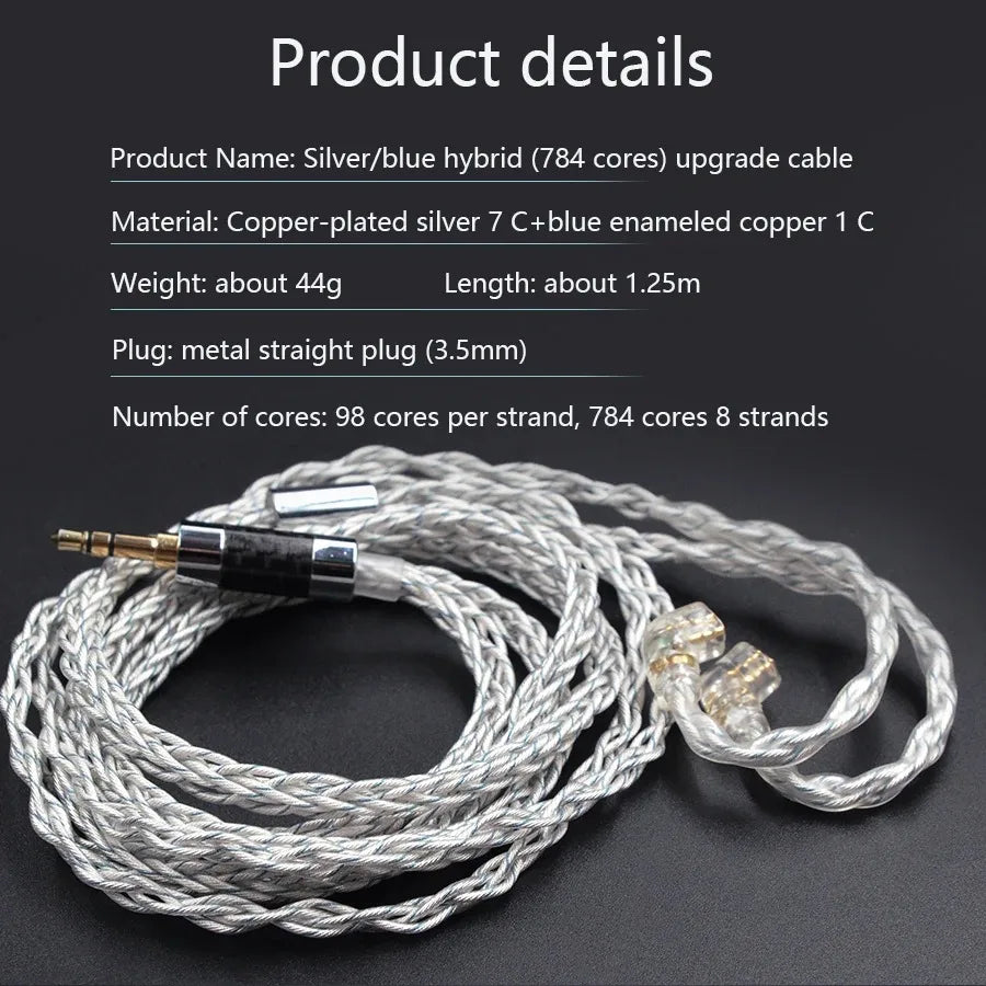 KZ 784 Cores Silver Plated Upgrade Earphone Cables 8 Core Silver Blue Hybrid Headphone With 3.5MM Metal Plug ZAX/DQ6/ZSX/ZSN PRO