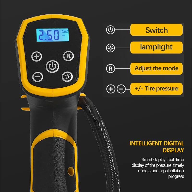 830kpa Cordless Yellow Air Pump Car Tire Air Pump Digital Display Equipped With Led Light For Dewalt 20v Battery