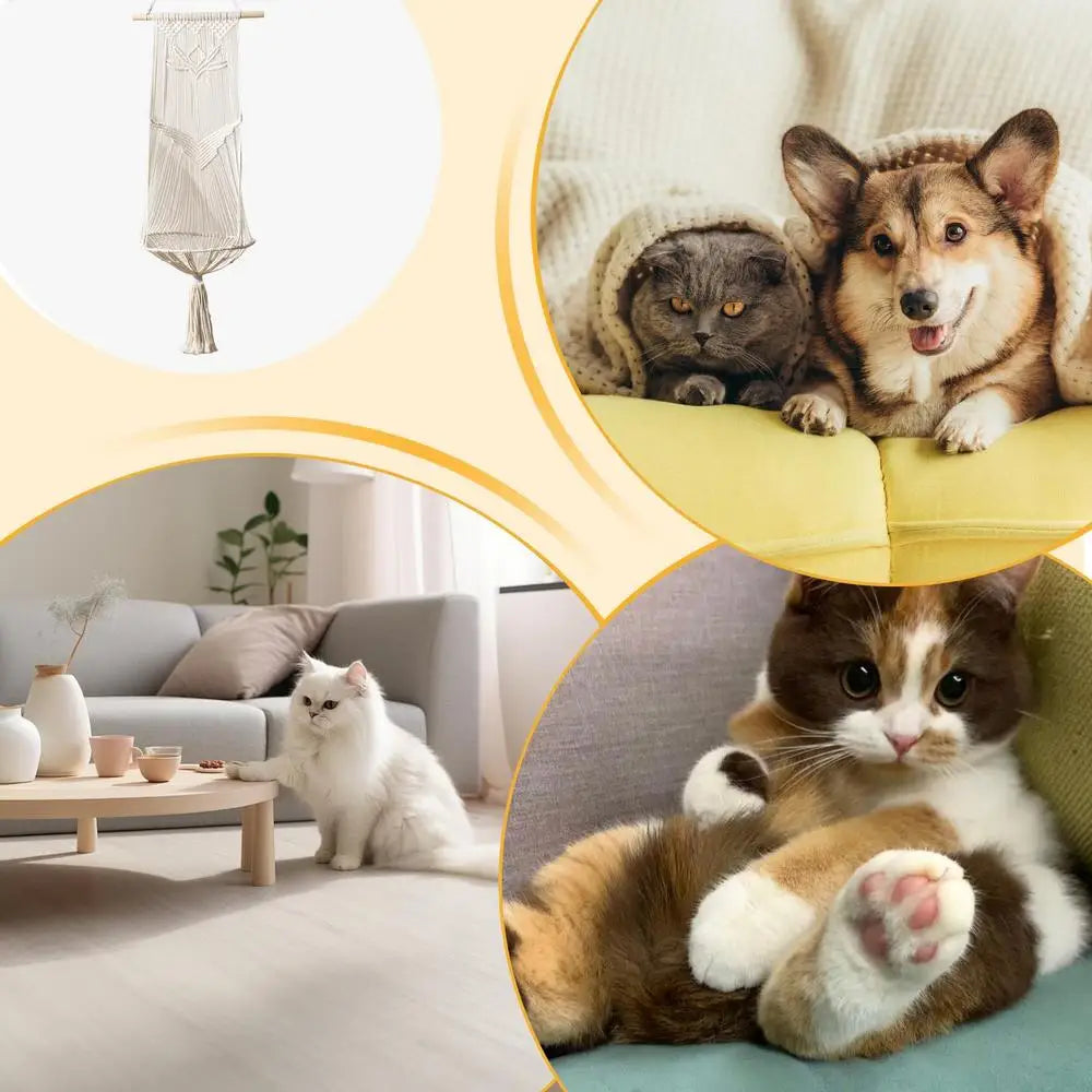 Boho Cat Swing Bed Hand-Woven Bohemia Cat Bed Kitten Hammock Bed Space-Saving Swing Bed For Home Living Rooms Balcony Bedrooms