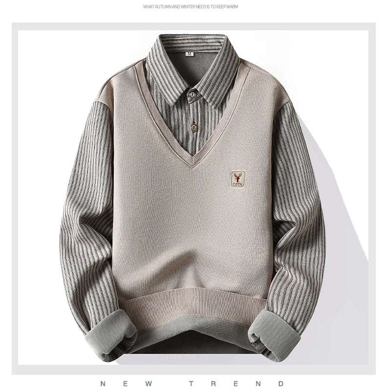 Male Fleece Polo Shirt Men's Pullover Autumn Winter T-shirt Collar Sweaters Cold Blouse Navy Blue Khaki Korean Clothing