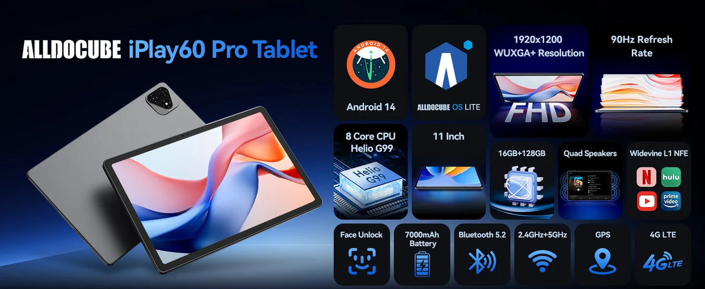 ALLDOCUBE iPlay 60 Pro Tablet 11-inch 90Hz Display 6GB+6GB RAM 128GB ROM Android 14 Helio G99 Octa Core 7000mAh 4G LTE&Wi-Fi