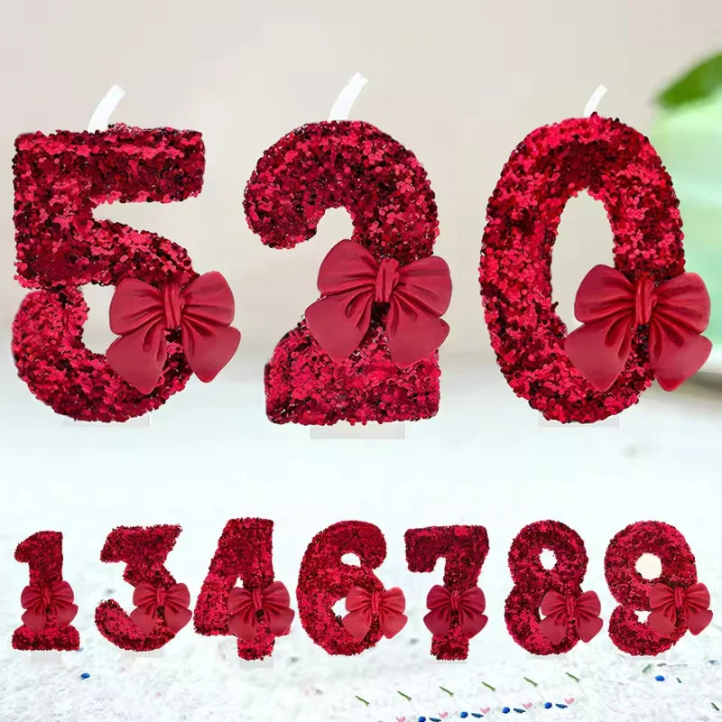 Sanrio 0-9 digit Birthday Candles,Lotus root pink bow tie with Glitter Sequins,  Suitable for Birthday Party Cake Decoration