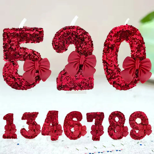 Sanrio 0-9 digit Birthday Candles,Lotus root pink bow tie with Glitter Sequins,  Suitable for Birthday Party Cake Decoration