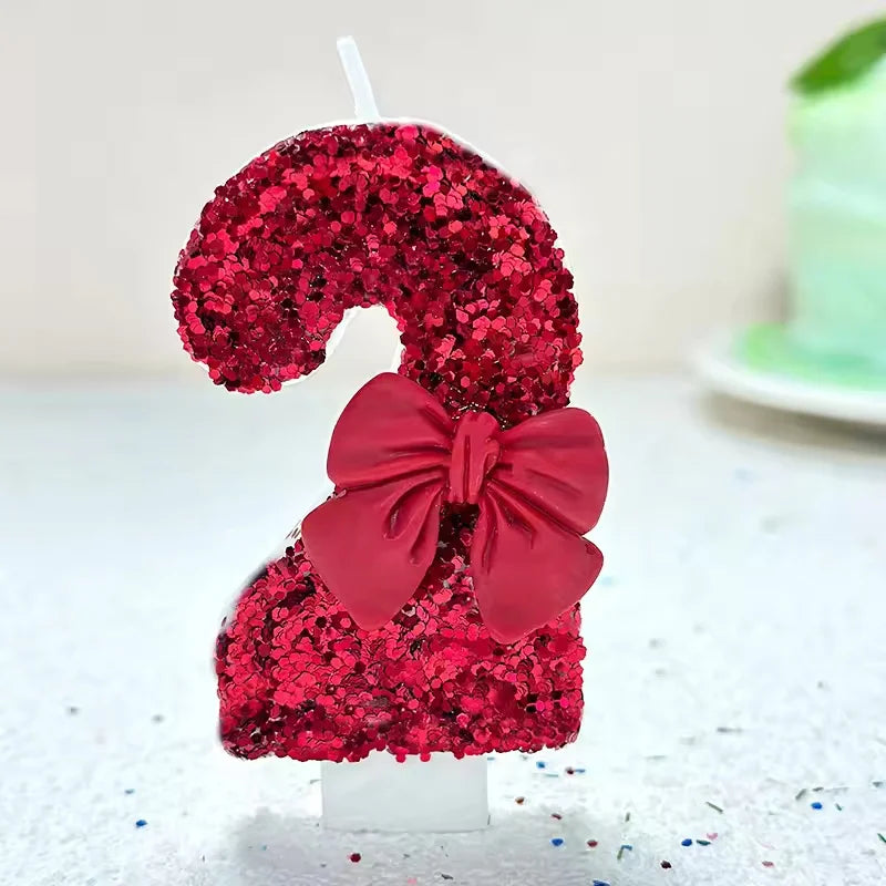 Sanrio 0-9 digit Birthday Candles,Lotus root pink bow tie with Glitter Sequins,  Suitable for Birthday Party Cake Decoration