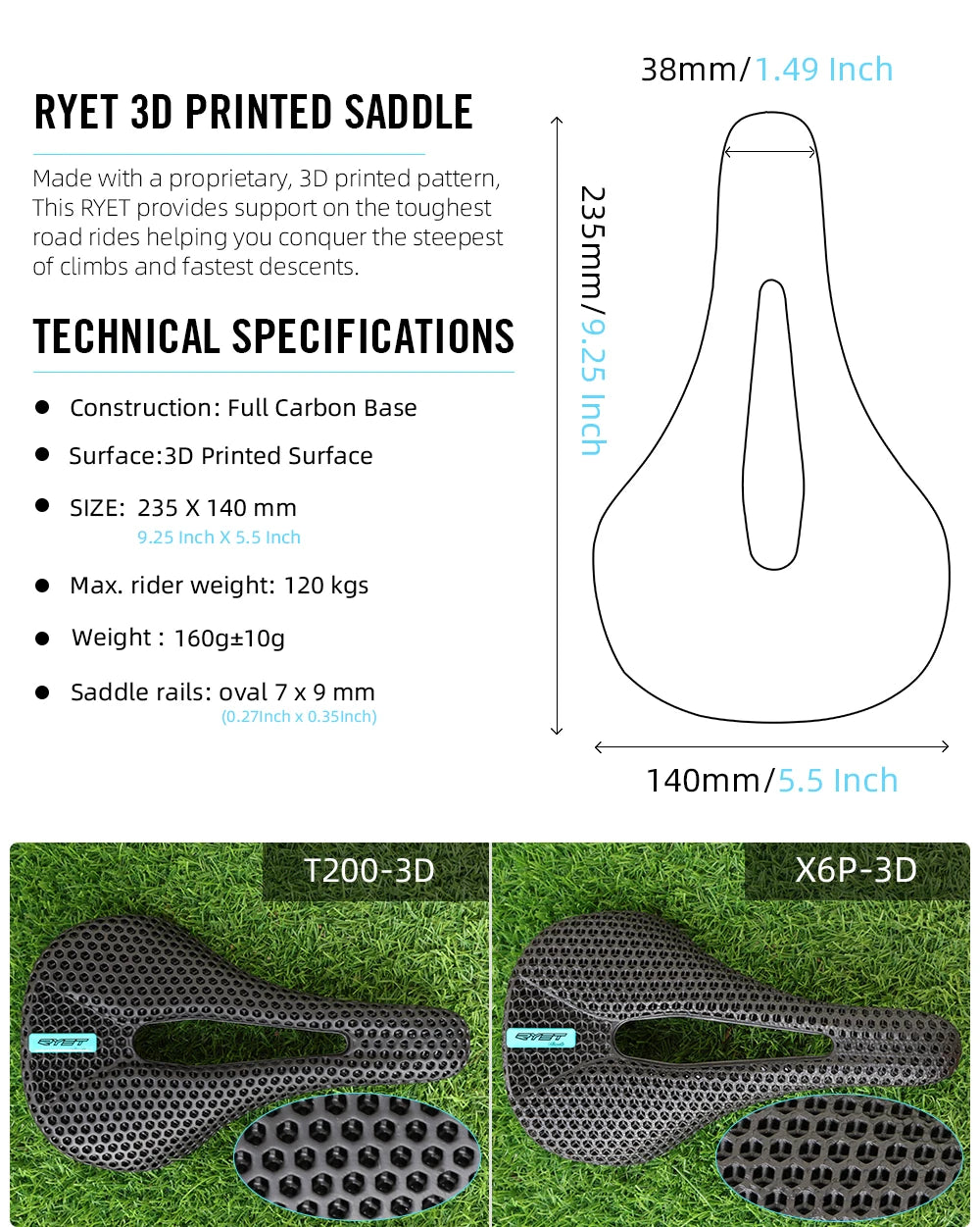 RYET 3D Printed Bike Carbon Saddle 140mm 143mm Super Light Road MTB Racing 3D/EVA  Saddles Bicycle Cushion Cycling Seating Part