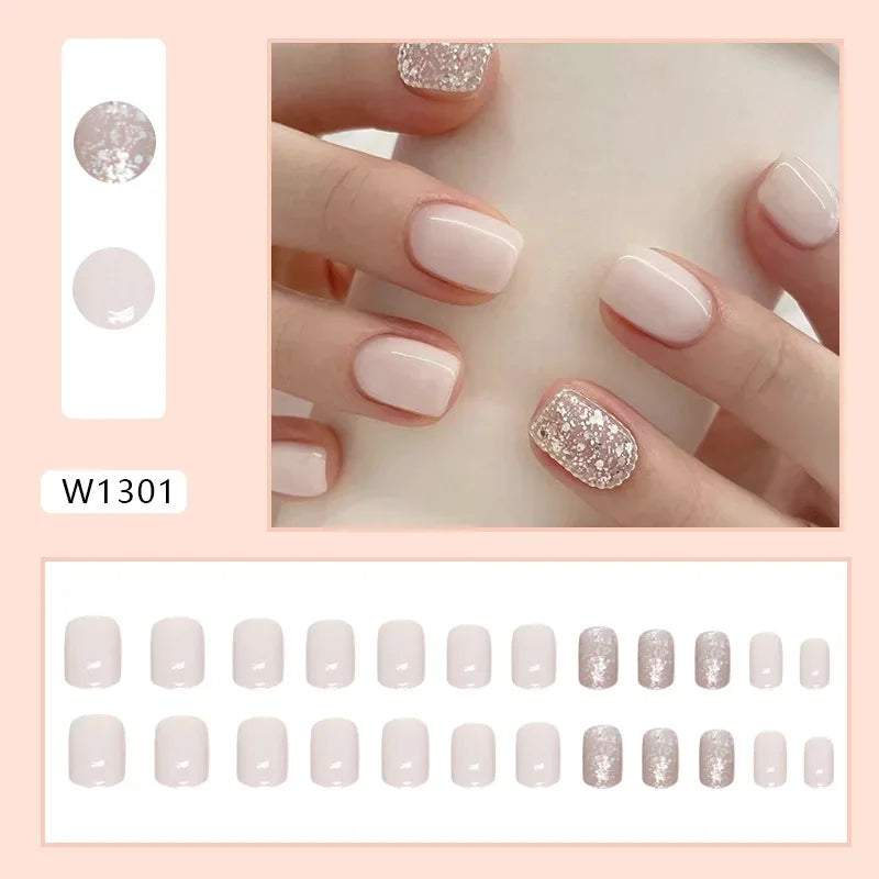 Gold Pink Wine Red 24 Pcs Fake Nail with Jelly sticker Press on False Nails Wearable Round Head Oval Full Cover Nail Tips