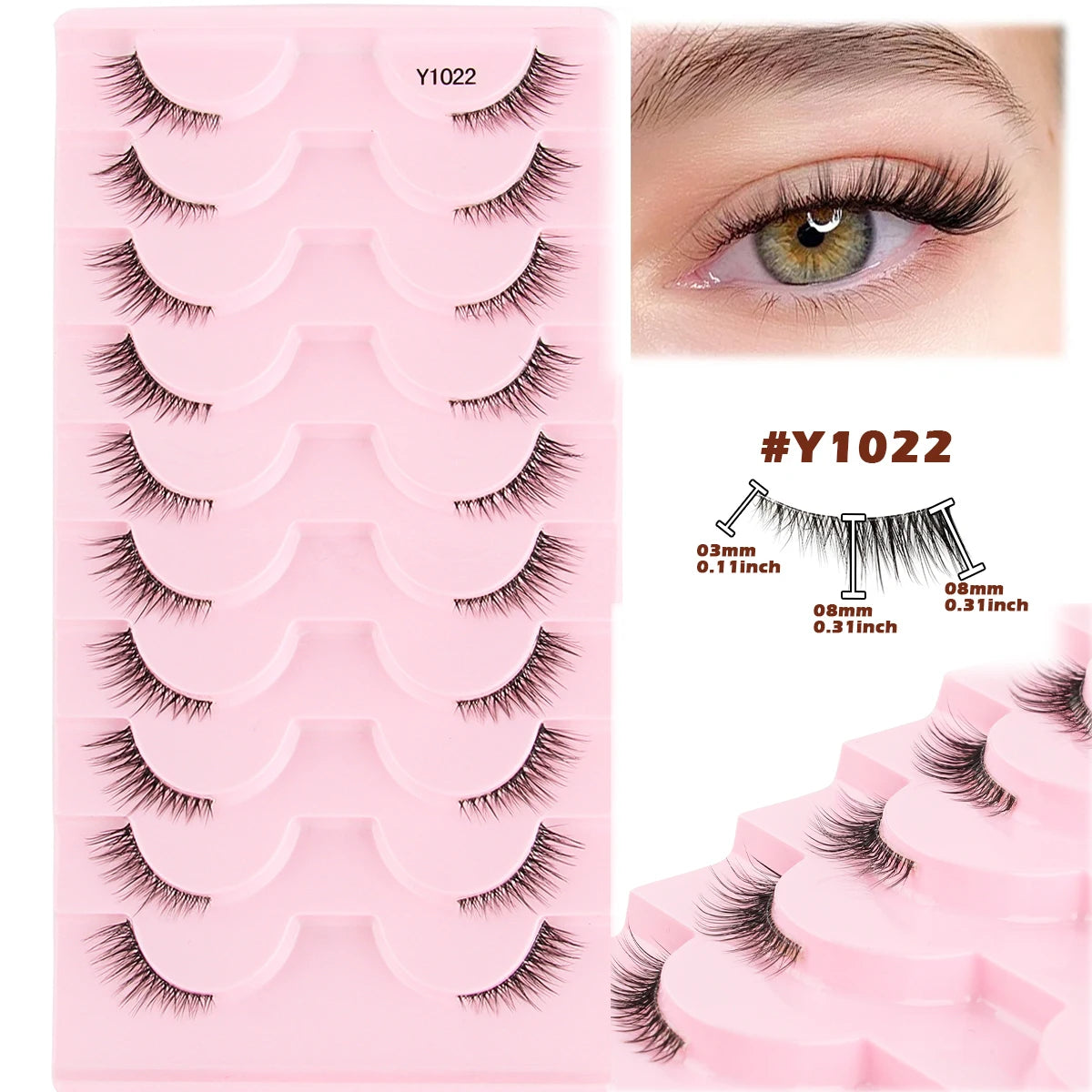 3/5/10Pairs Half False Lashes Natural Short 3D Cat Fake Mink Eyelashes Extension Winged Fluffy Wispy Faux Cils Clear Band Makeup