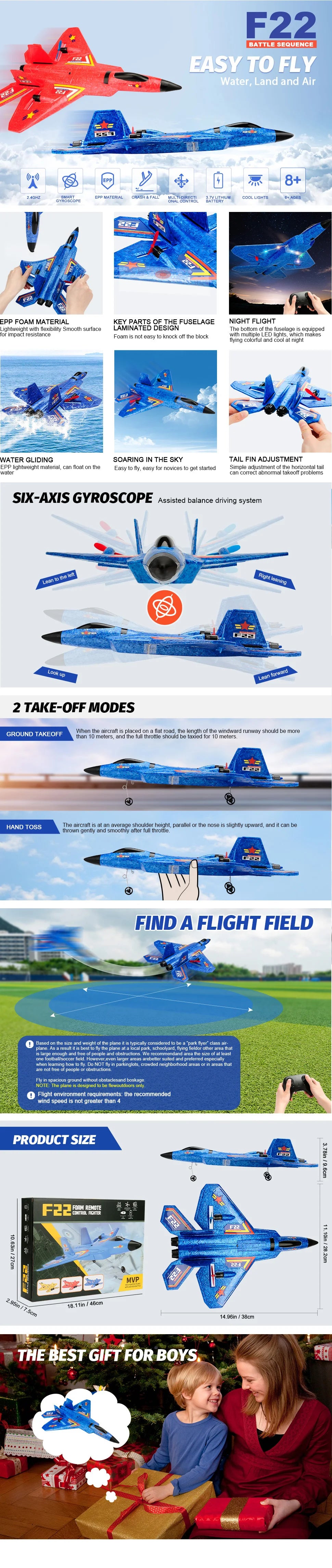 F22 Raptor RC Plane 2.4G 2CH Remote Control Flying Glider With LED Lights EPP Foam Airplane Toys For Children Gifts